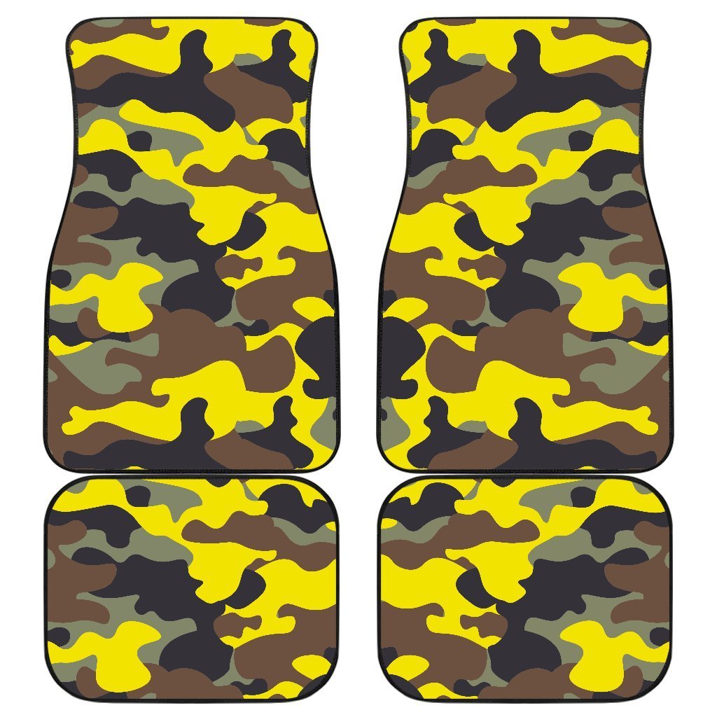 Yellow Brown And Black Camouflage Print Front And Back Car Floor Mats, Front Car Mat