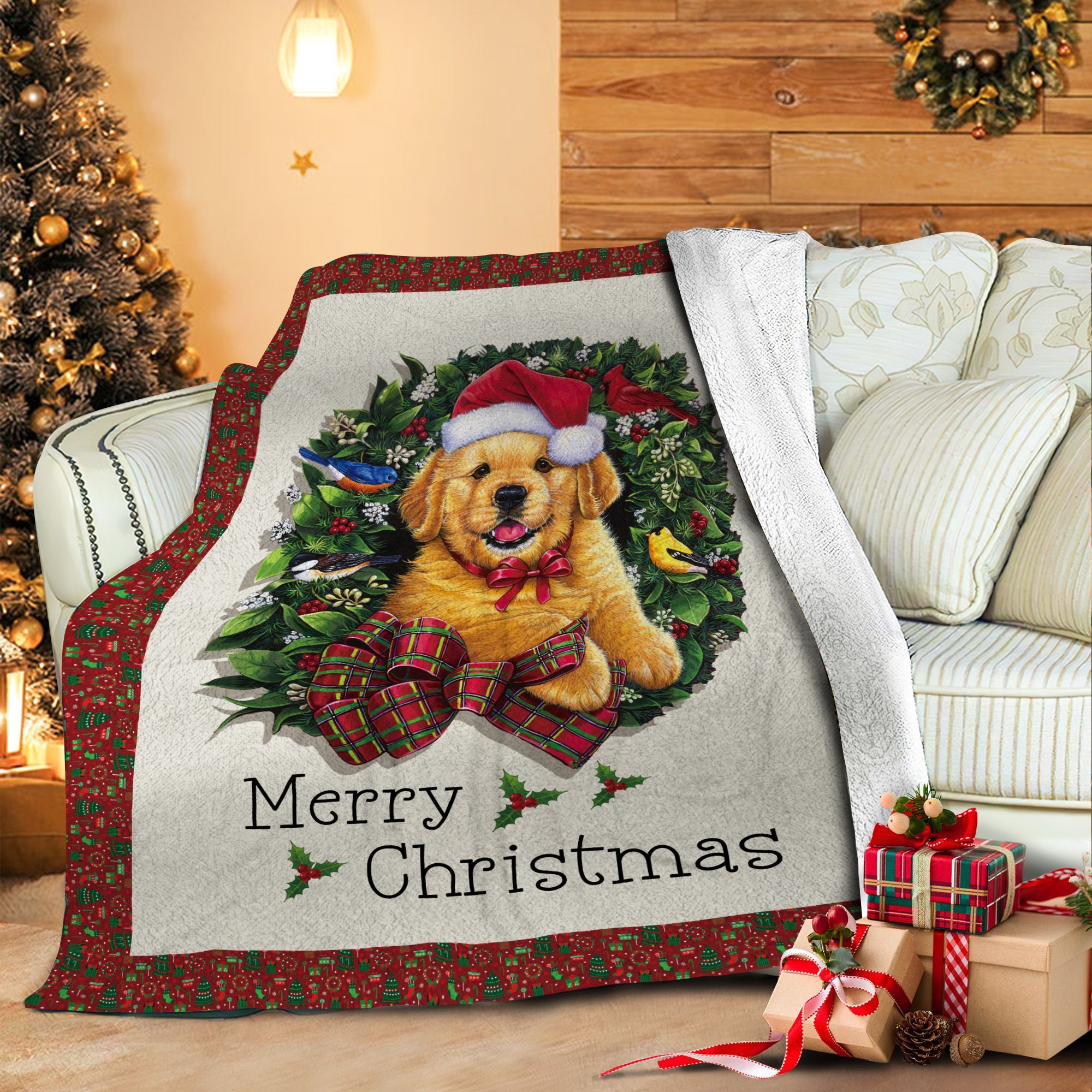 Baby Puppy In Wreath With Red Bow Christmas Art Design   Fleece Sherpa Blanket