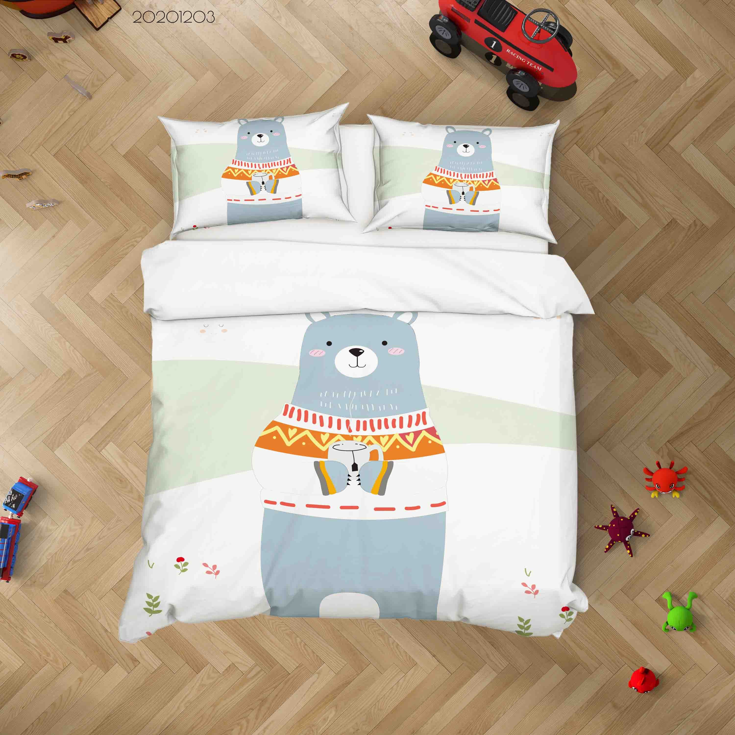 3D Cartoon Hand Drawn Sweater Blue Bear Animal Quilt Cover Set Bedding Set Duvet Cover Pillowcases Lxl