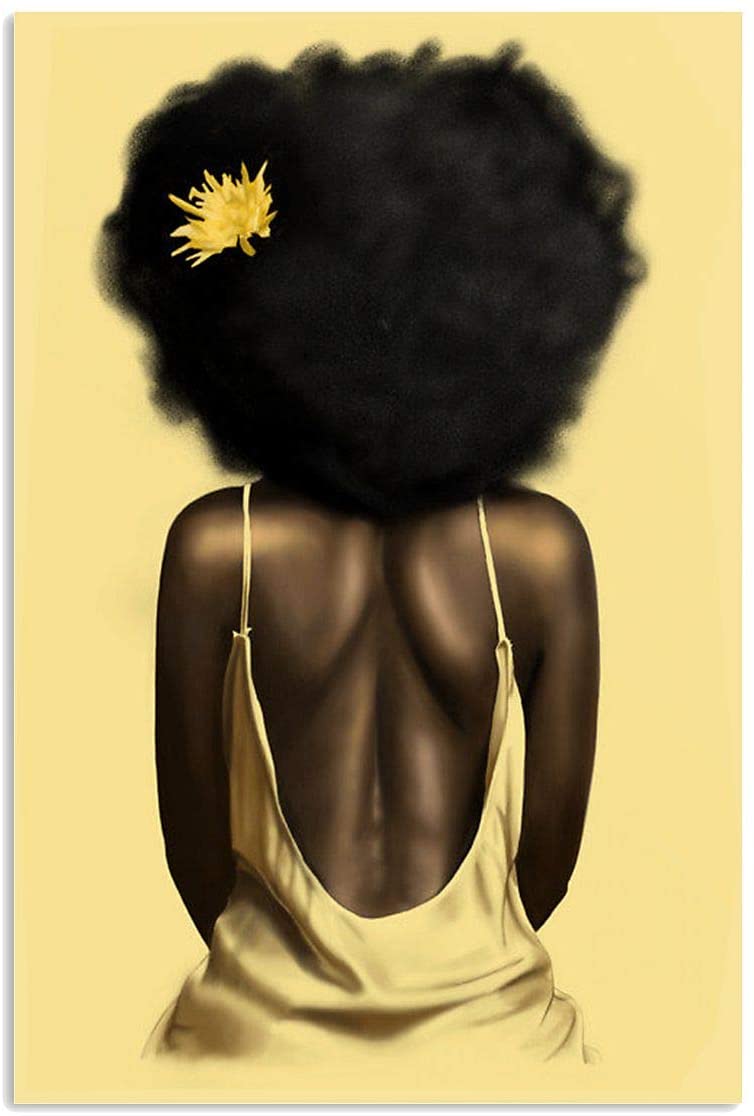 Skitongifts Poster No Frame, Black Girl Curly Hair Flower Yellow African American Melanin, Wall Art Decor