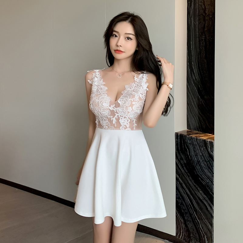 2022 Sexy Deep V lace embroidered dress temperament slim and low-cut belly cover A-line skirt night show see-through female alx