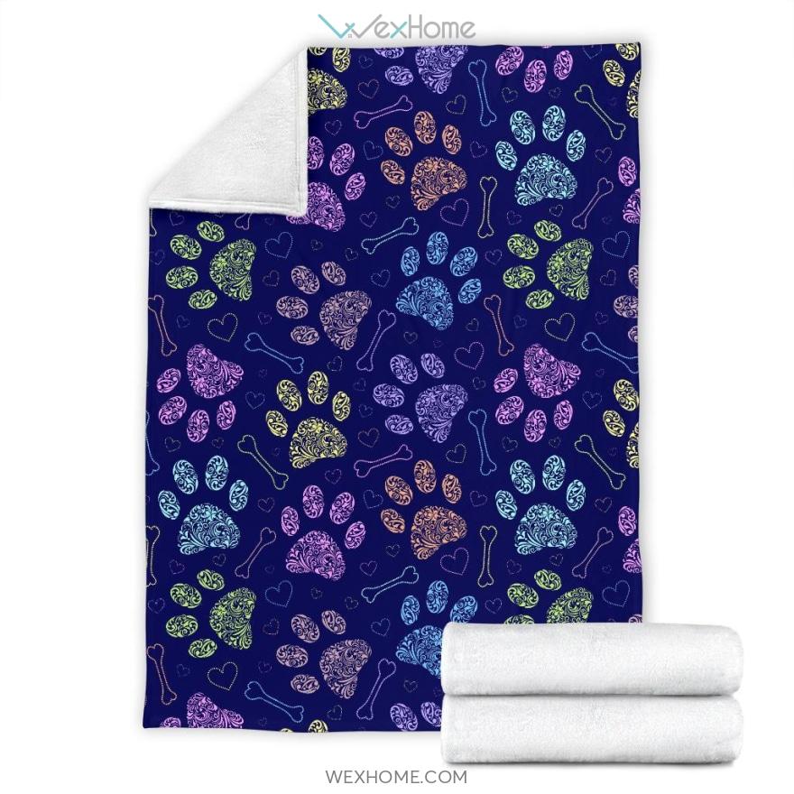 Colorful Dog Paws Patterns Print Design Dark Blue Premium Blanket