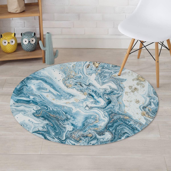 Golden Powder Blue Marble Round Rug