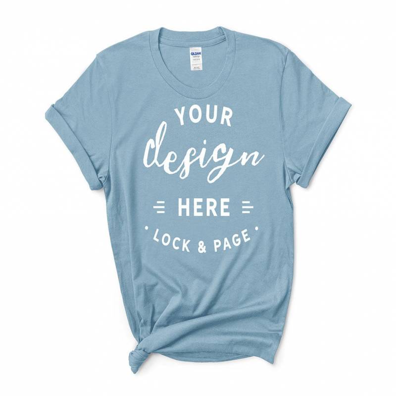 Download Gildan 64000 Light Blue T-Shirt Mockup Feminine Flat Lay On Clean White Background Just Tee ...