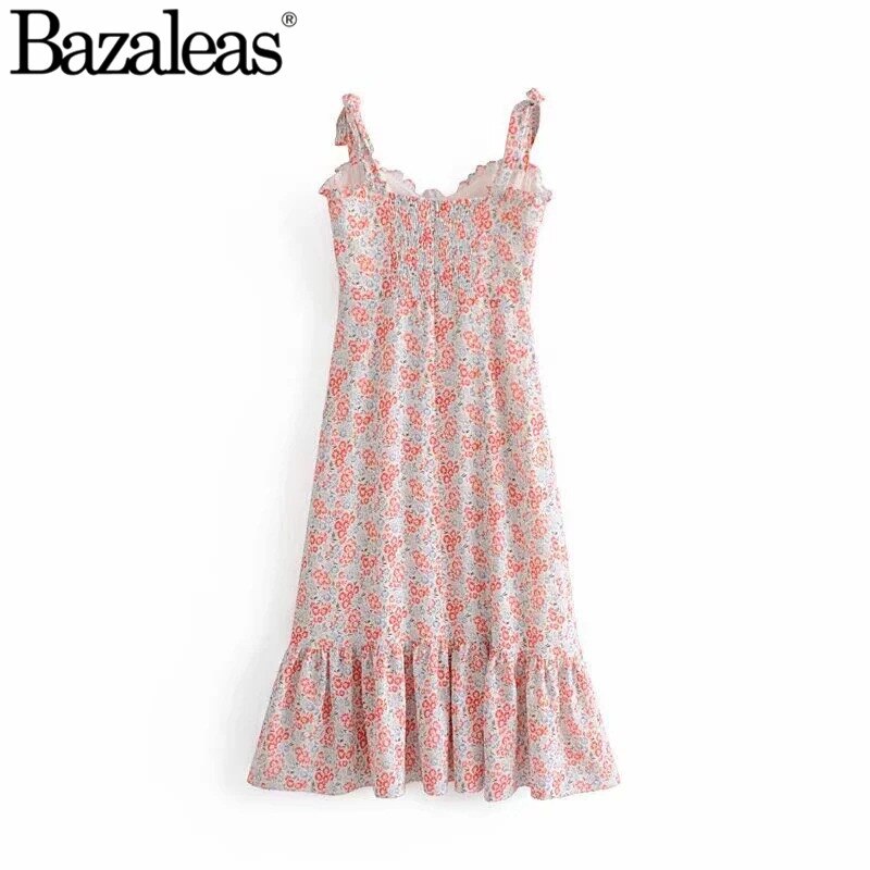 Bazaleas Women back elastic Sleeveless Slim Flora Dresses elastic trimming Dress vestidos Casual ruffle spaghetti strap dresses alx