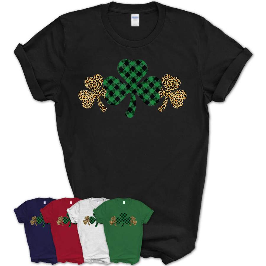 Women St.Patrick’S Day Plaid Leopard Shamrock Printed Clover T-Shirt