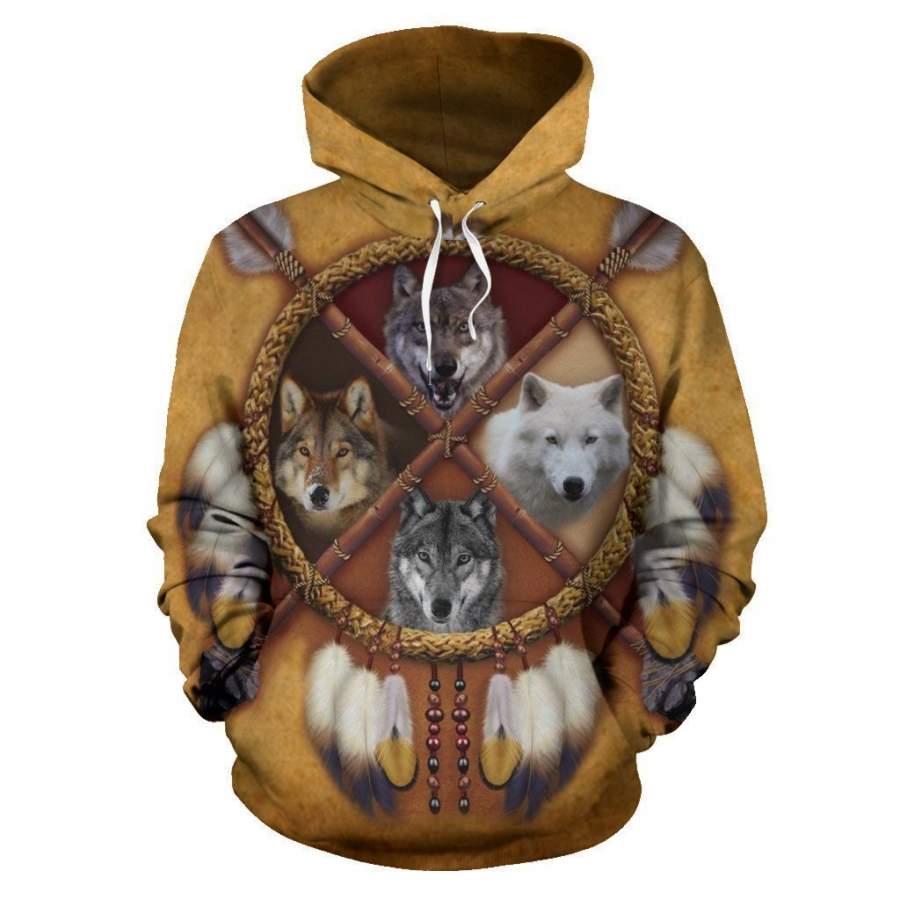 4 WOLVES DREAM CATCHER NATIVE OVER PRINT HOODIE HC1901