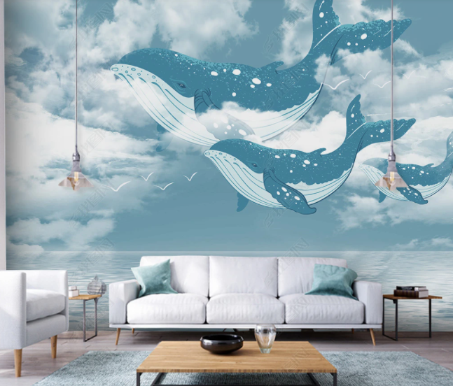 3D Cartoon Flying Whale Wall Mural Wallpaper Sww  94