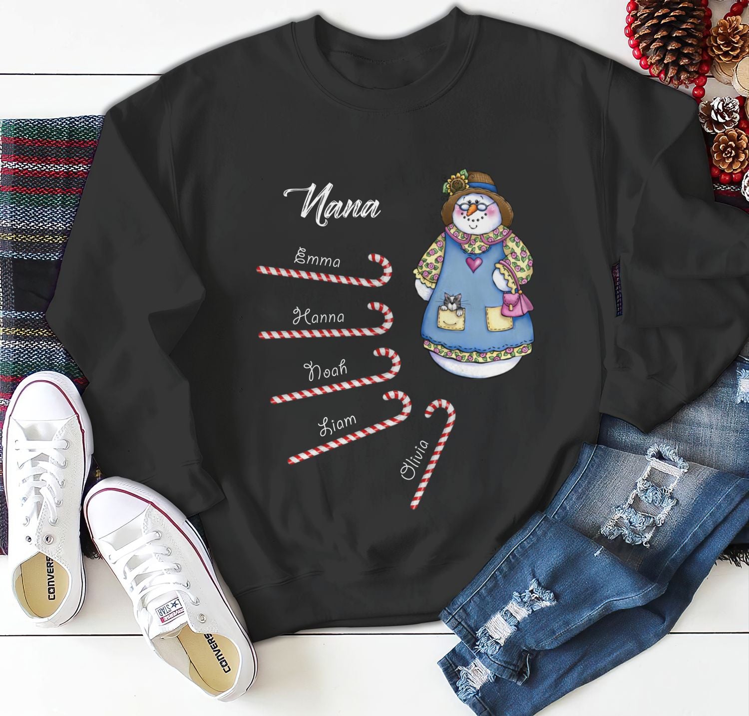 Personalized Sweatshirt Hoodie For Grandma Mimi Old Snowman & Candy Cane Printed Custom Grandkids Name