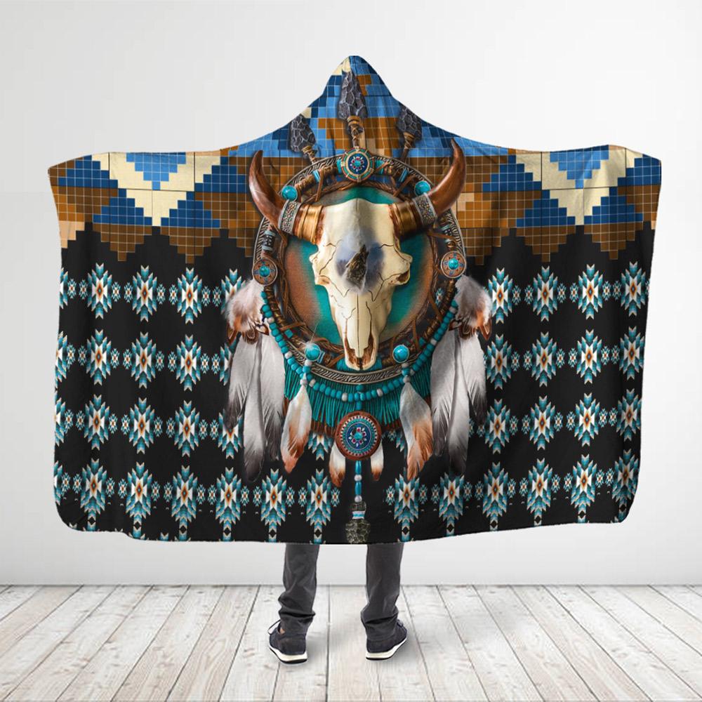 ViticStore™ Native Buffalo 3D All Over Printed Golden Horned Buffalo Skull With Wolf – Hooded Blanket