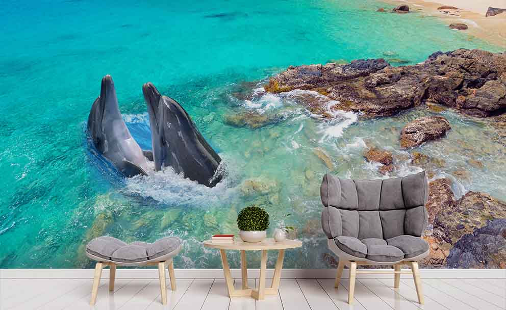 3D Sea Rock Animal Dolphin Wall Mural Wallpaper Lqh 238