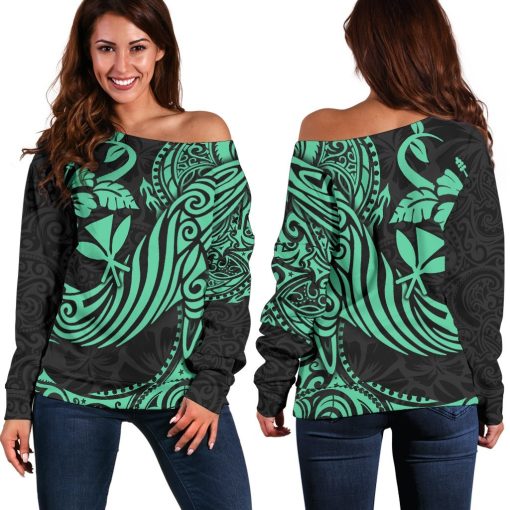 Hawaii Polynesian Turquoise Humpback Whale Off Shoulder Sweater