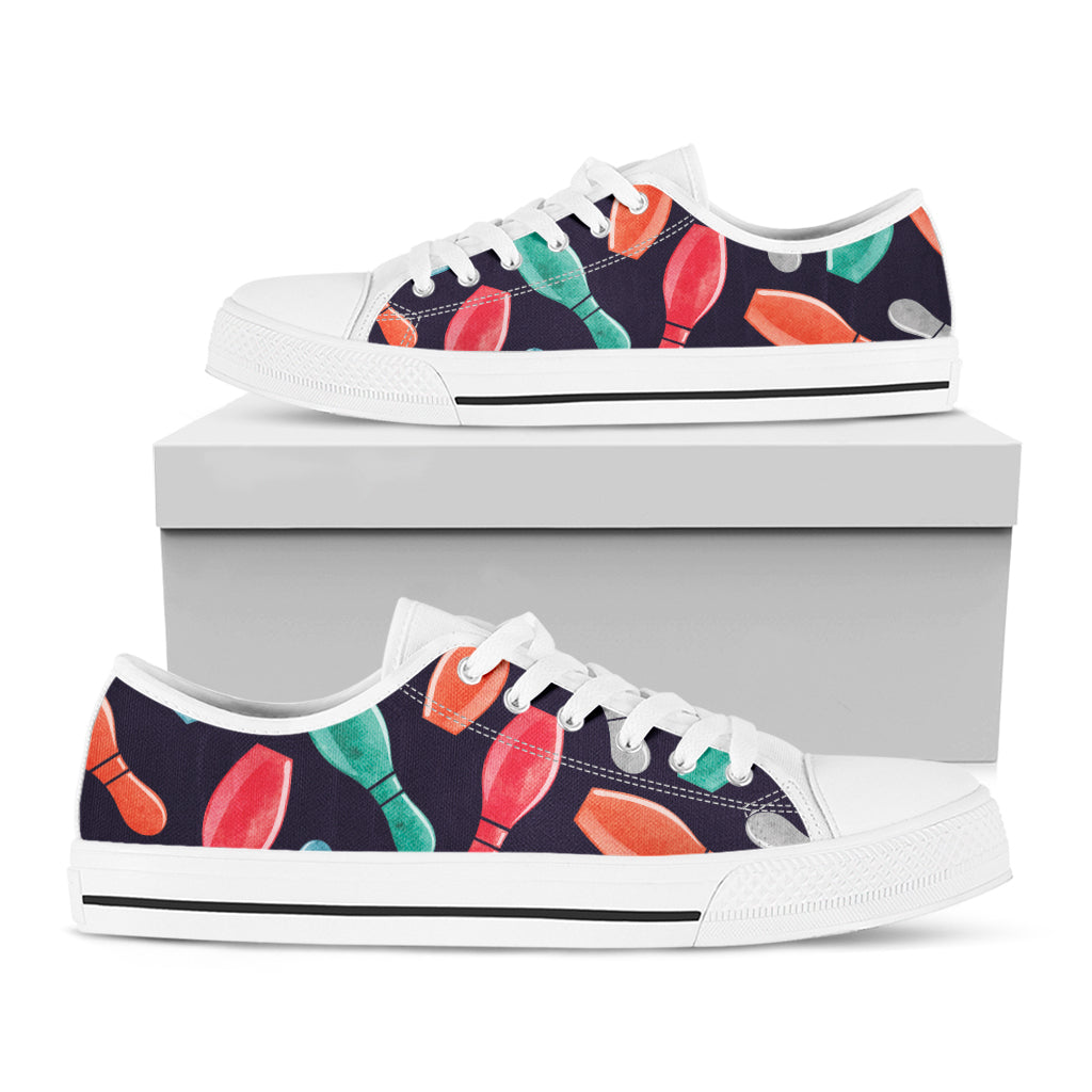 Watercolor Bowling Pins Pattern Print White Low Top Shoes