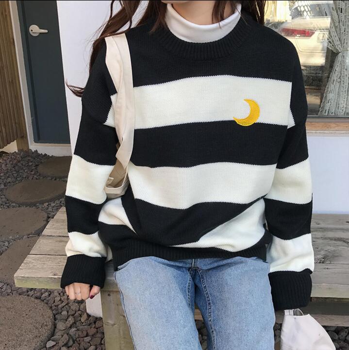 Women’s Sweaters Kawaii Ulzzang College Wind Candy Contrast Striped Moon Sweater Female Korean Harajuku Clothing For Women alx