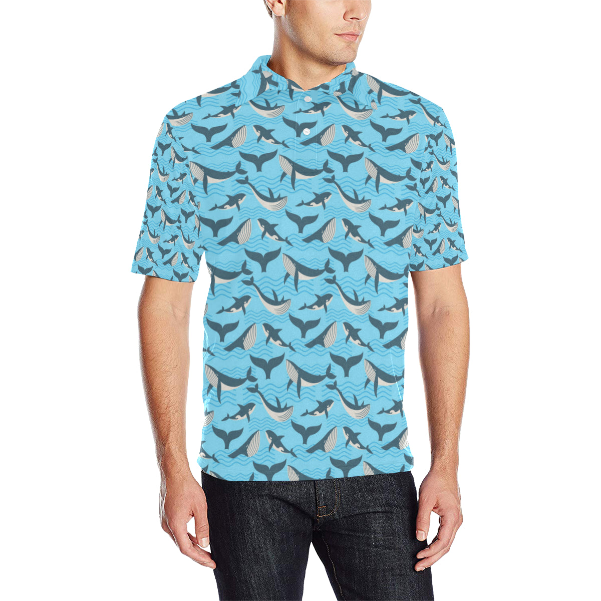 Whale Pattern Design Themed Print Men Polo Shirt