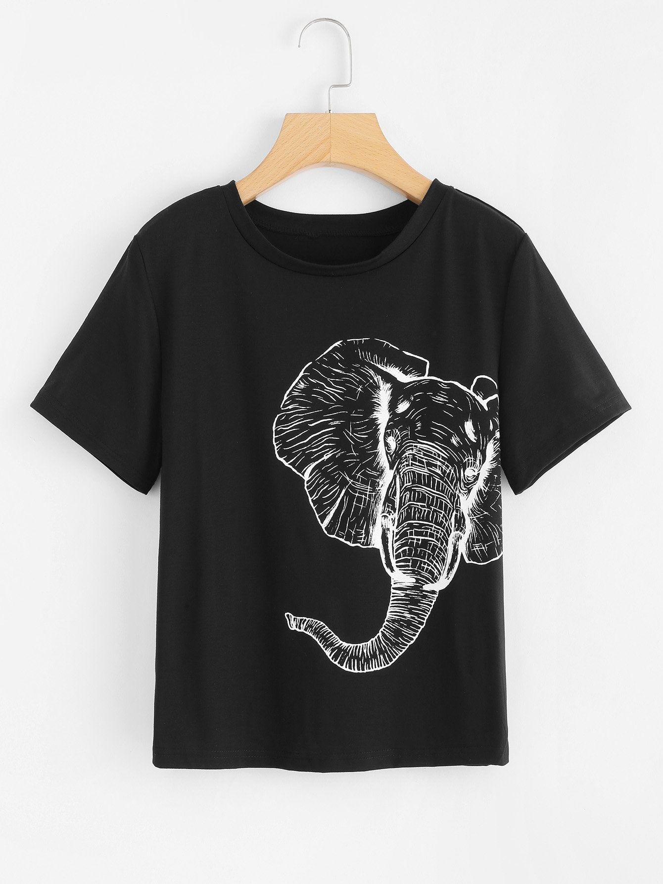 Casual Animal Regular Round Neck Black Regular Length Elephant Print Shor shirt