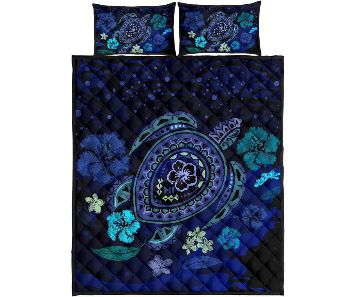 Hawaiian Blue Ocean Honu And Flowers Quilt Bed Set – AH J0