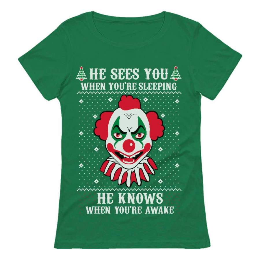 Ugly Christmas Evil Scary Killer Clown Horror Movie Women T-Shirt