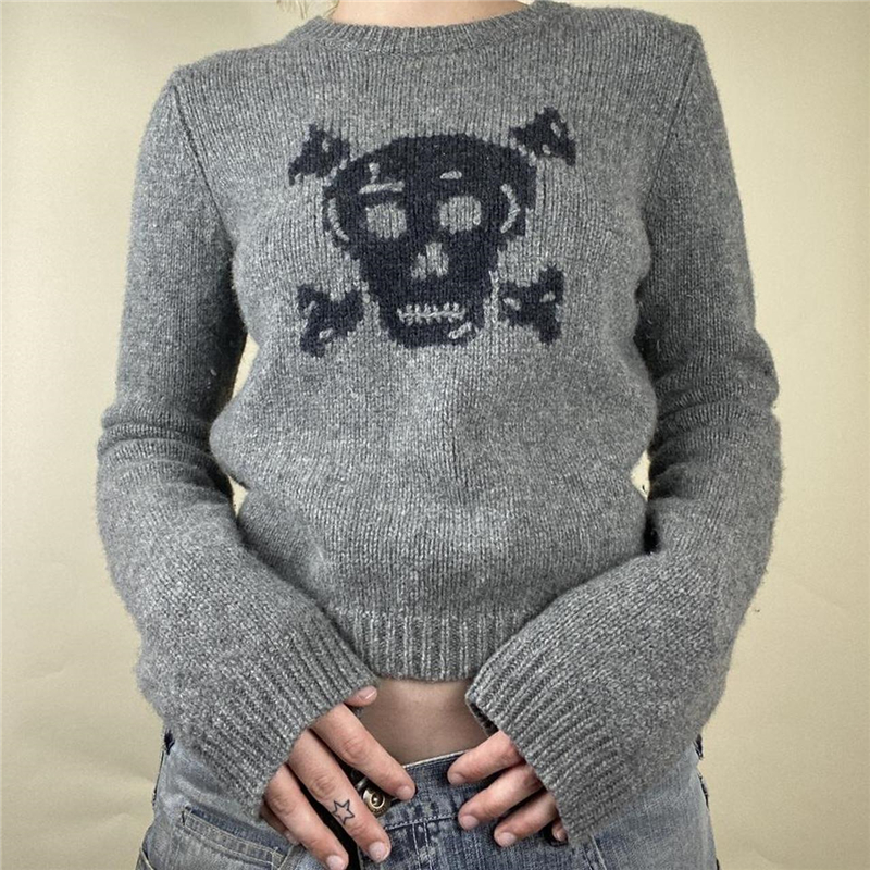 Xingqing Skull Sweater y2k Aesthetic Fairy Grunge Clothes Women Gray Long Sleeve Crop Top 2000s Punk Gothic Pullover Streetwear alx