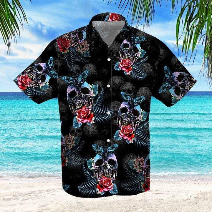 Get Here Skull Rose And Butterfly Black Aloha Hawaii Shirts Ha104919