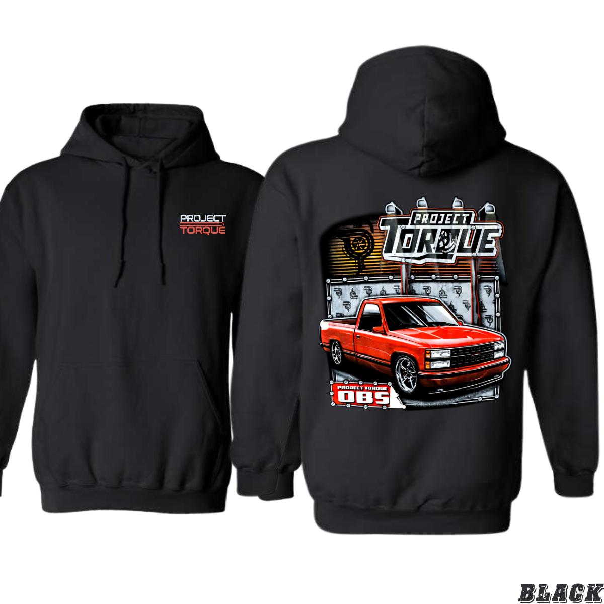 Project Torque OBS Hoodie – Custom Red OBS Chevy Truck Graphic, Vintage Garage Style, Comfortable Unisex Sweatshirt for Classic Truck and Car Enthusiasts