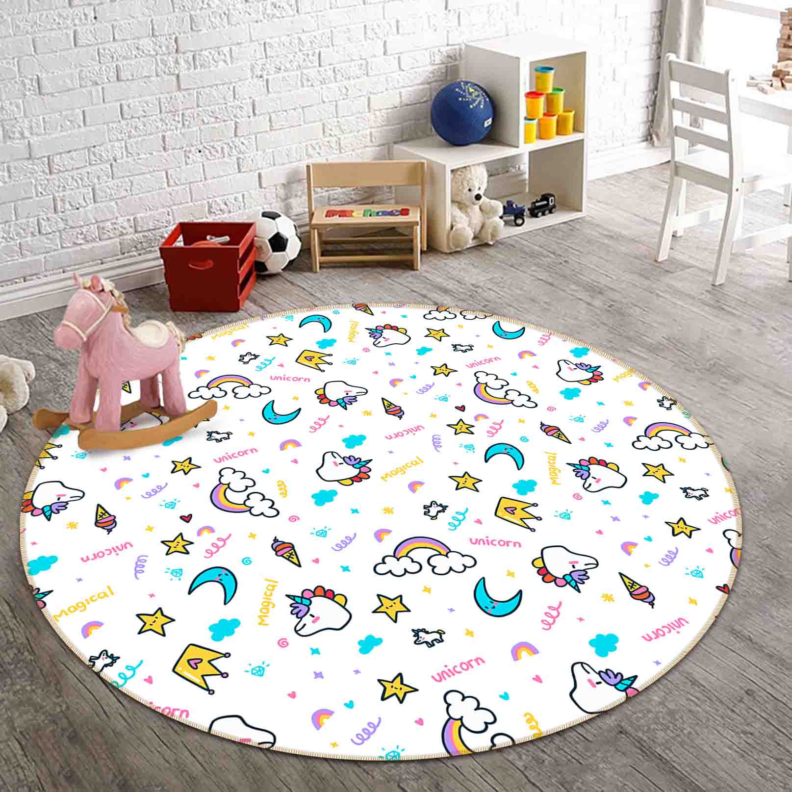 3D Cartoon Animal Unicorn Star Kids Non-Slip Round Rug Mat 129