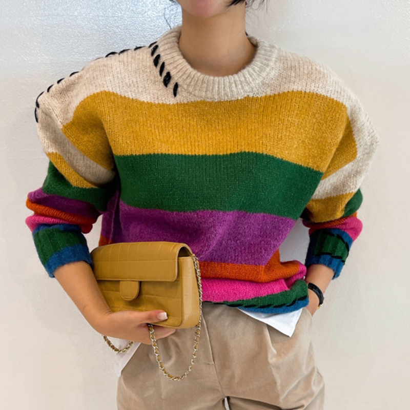 Chic Vintage Contrast Oversized Sueter Fairy Grunge Pullover O Neck Rainbow Sweaters Winter Striped Knitting Sweater Women alx