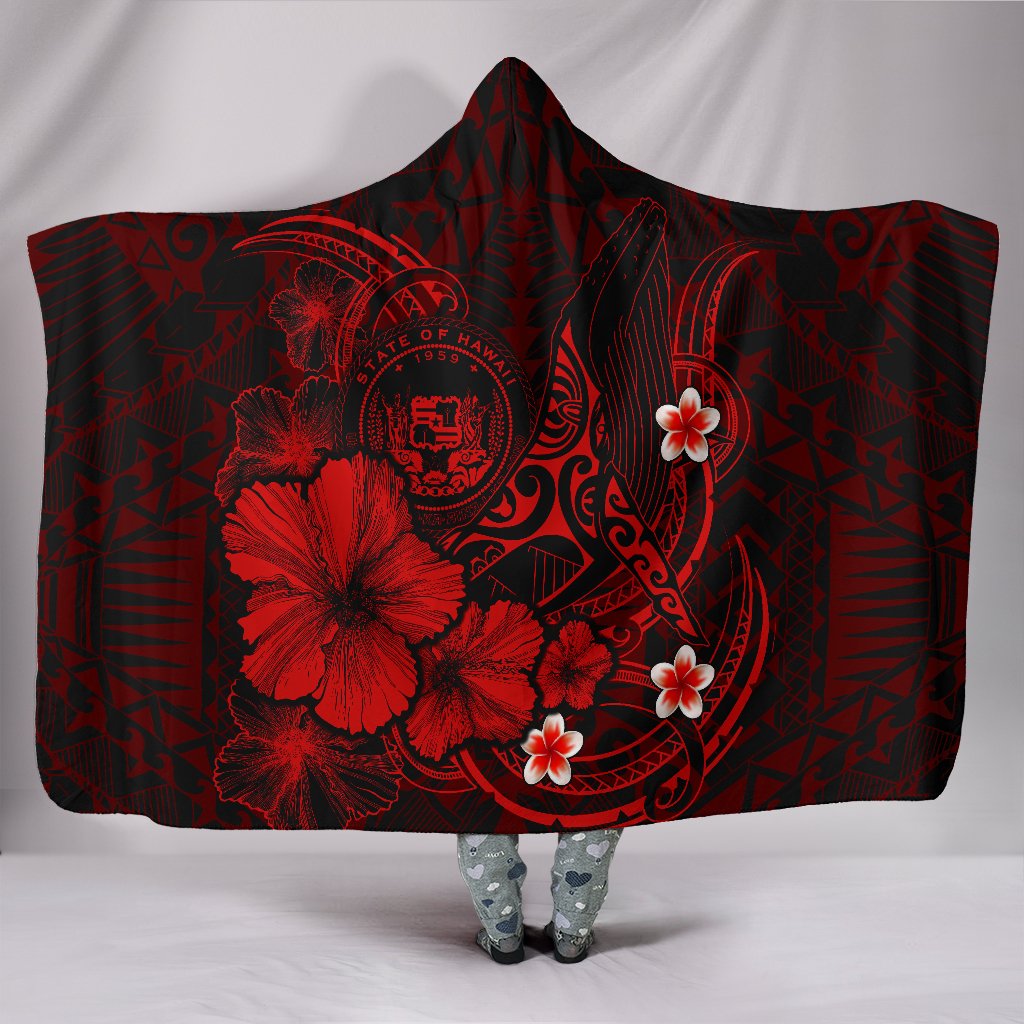 Polynesian Hawaii Hooded Blanket – Humpback Whale with Hibiscus (Red) – BN15