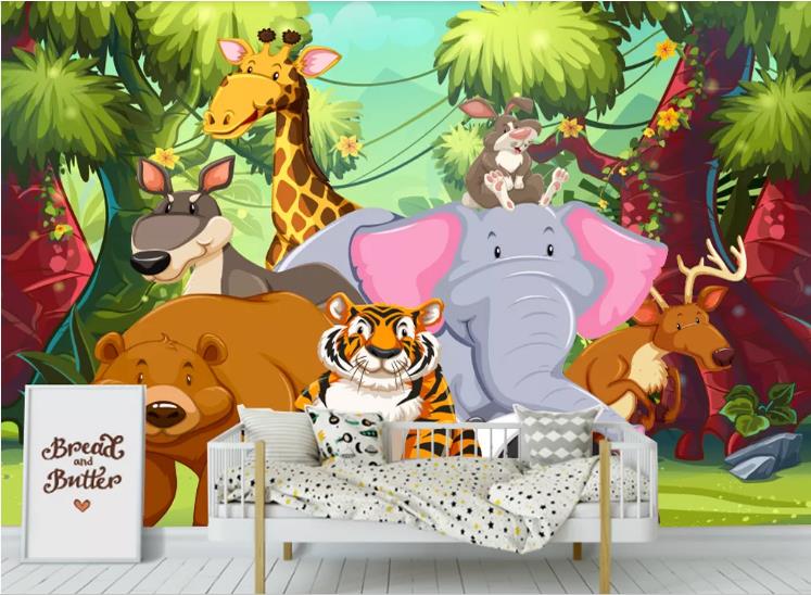 3D Cartoon Forest Animal Giraffe Elephant Wall Mural Wallpaper Lqh 154