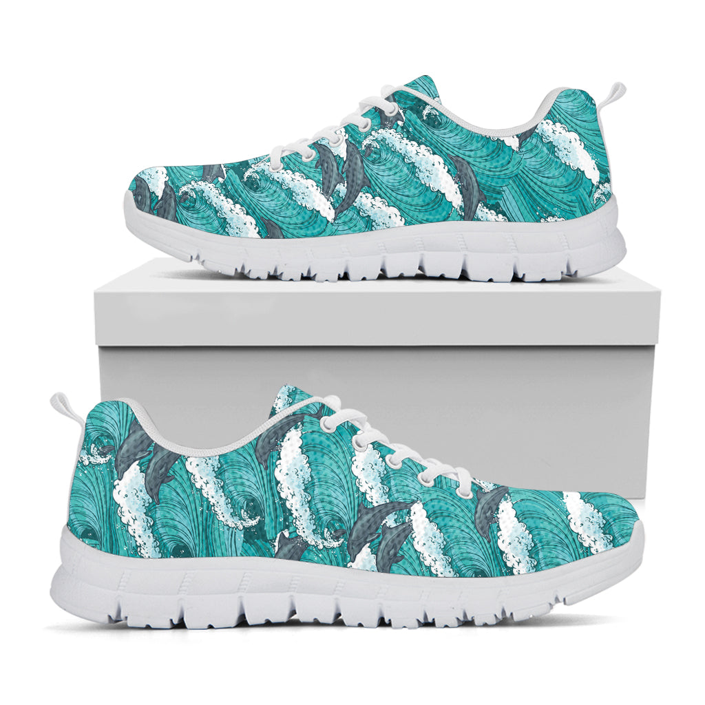 Dolphin Riding Waves Pattern Print White Sneakers