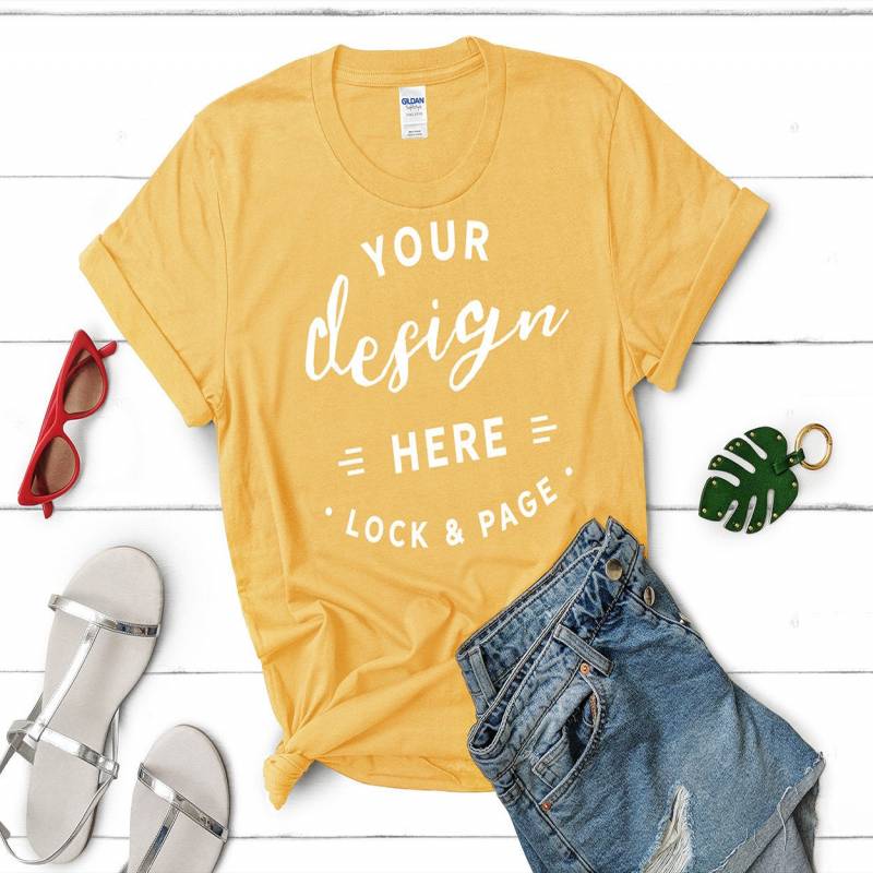 Download Gildan 5000 Yellow Haze T-Shirt Mockup Feminine Flat Lay ...