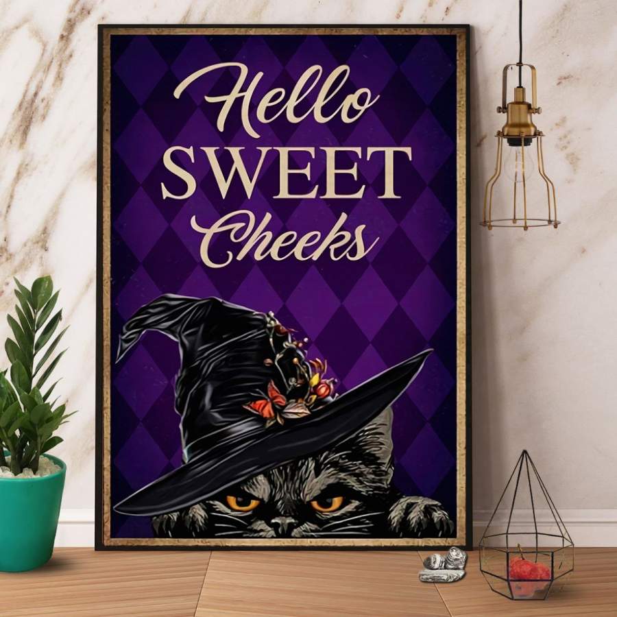 Black cat witch hiding hello sweet cheek happy halloween vertical paper poster no frame/ wrapped canvas wall decor