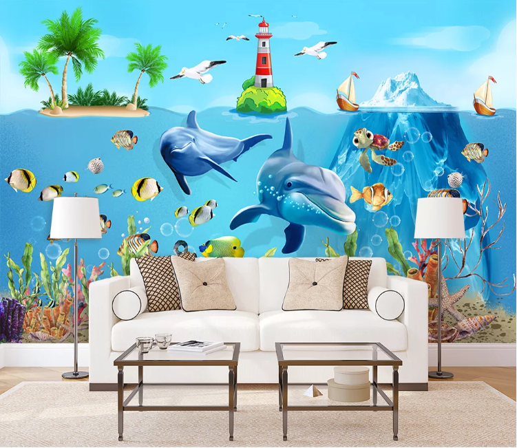 3D Seabed Dolphin Lighthouse Wall Mural Wallpaper 1313