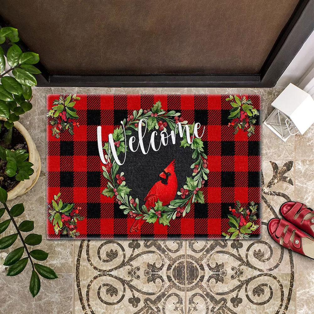 Memorial Cardinal Red Plaid Christmas Doormat Floor Rug Housewarming Gift Home Living Home Decor Funny Doormat Gift Idea