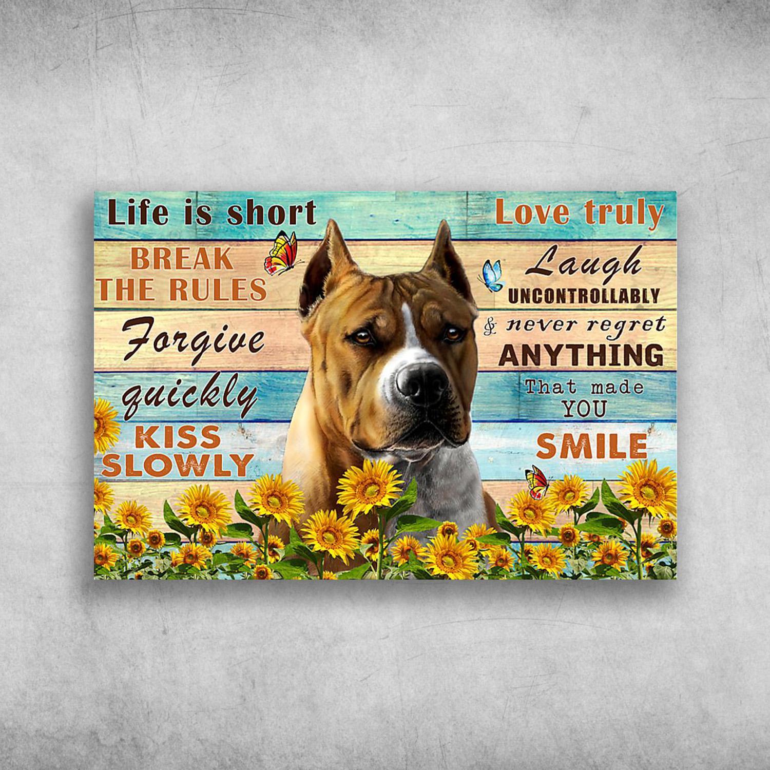 Pitbull Dog With Butterfly And Flower Life Is Short Break The Rules Poster Print Wall Art Canvas Wall Decor