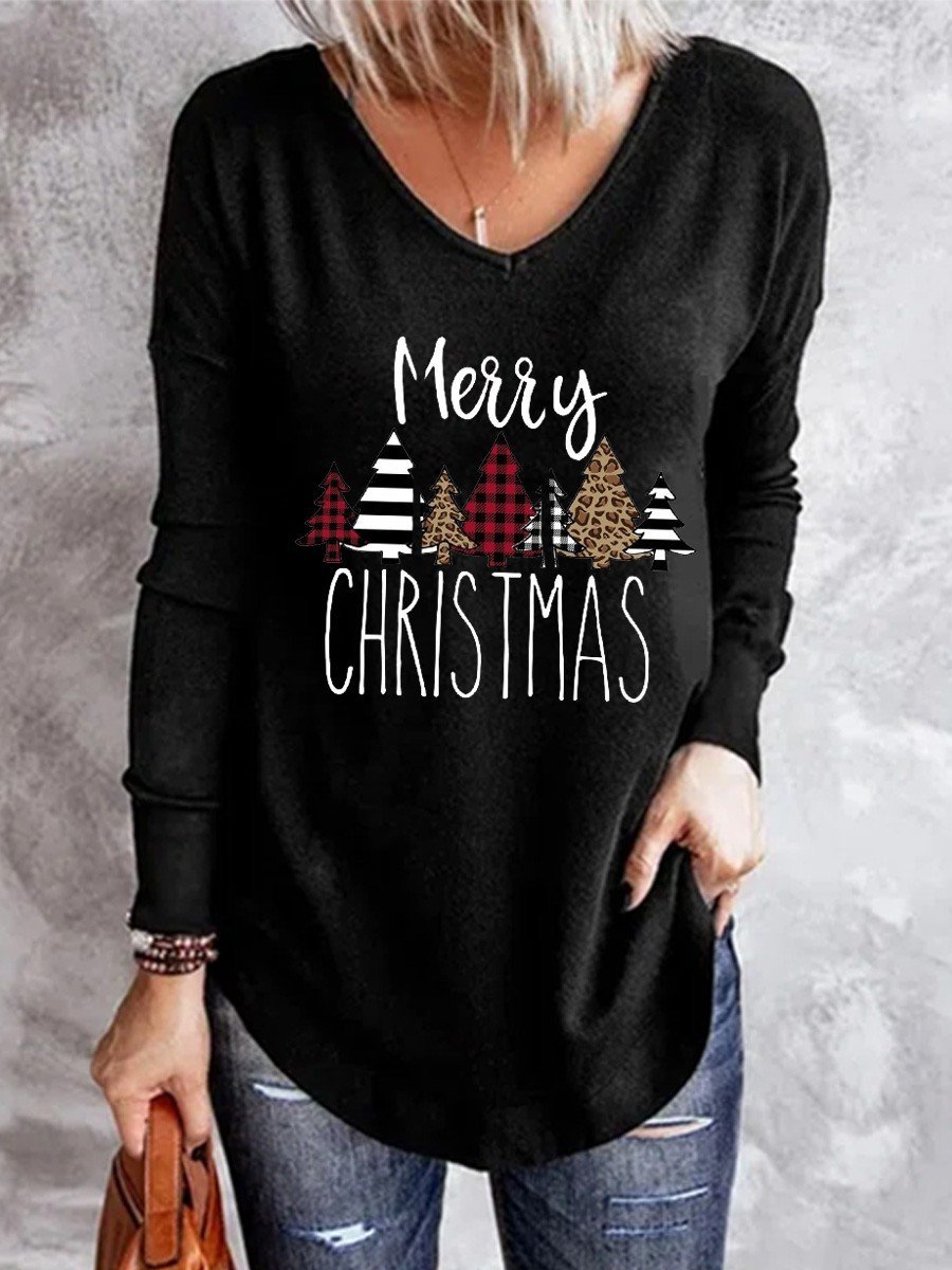 Women’S Christmas Tree Merry Christmas V-Neck Long Sleeve T-Shirt