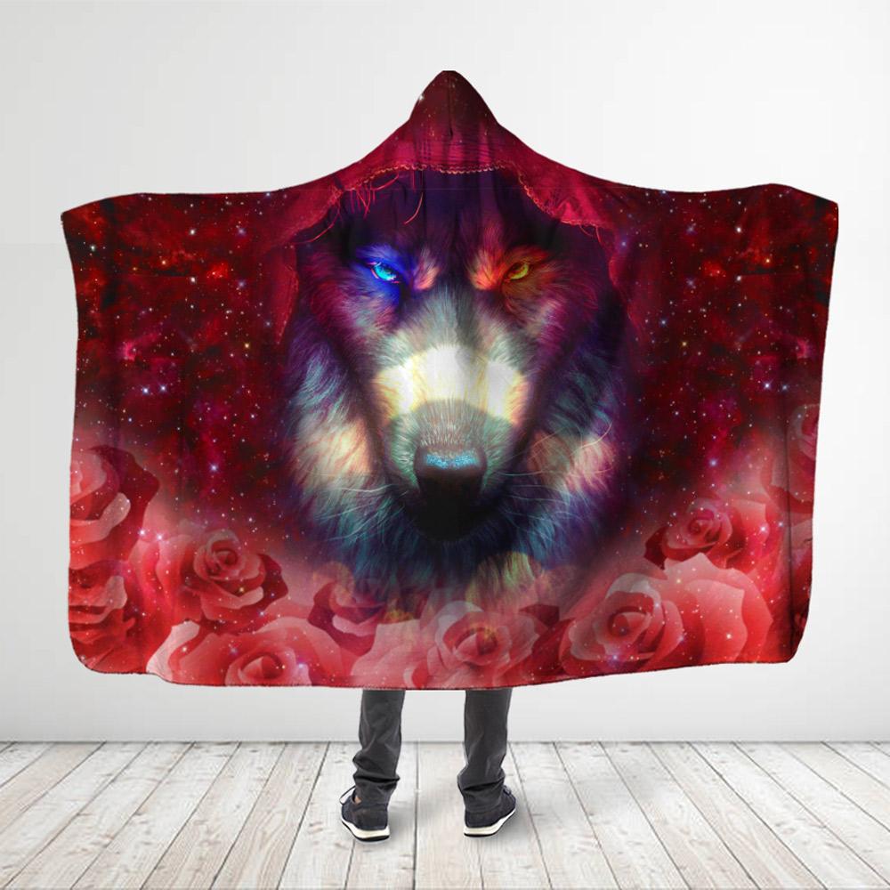 ViticStore™ Wolf 3D All Over Printed Galaxy Red Rose Wolf Hooded Blanket