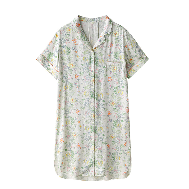 2022 Summer Newest Short-Sleeved Viscose Floral Printed Cardigan Nightdress with Button Printed Floral Loose Sleepwear Women alx