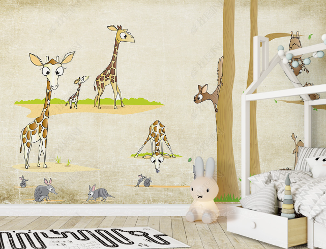 3D Hand Drawn Forest Animal Giraffe Wall Mural Wallpaper Lqh 199