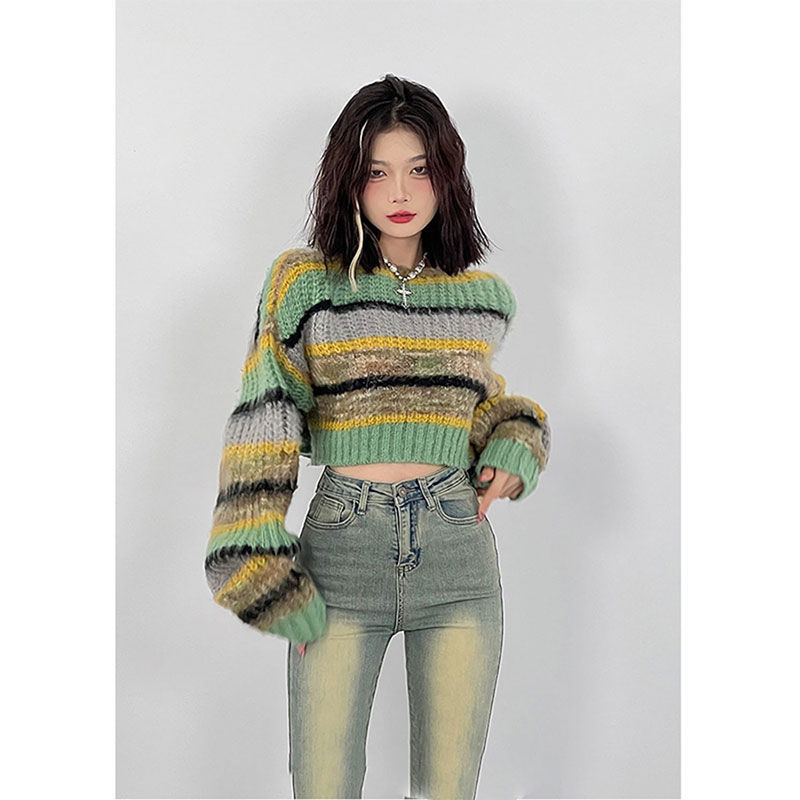 Cropped Sweater Women Striped Pullover Autumn 2022 New Loose Fashion Knitted Tops Streetwear Female Jumper Casual alx