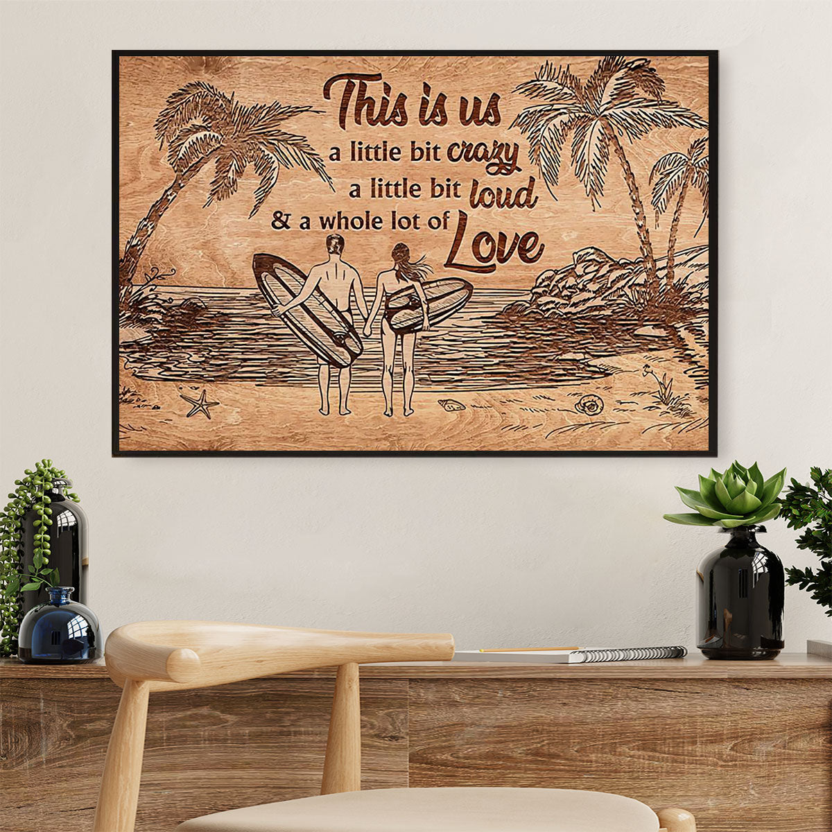 Water Surfing Poster Prints | Couple Love Surfer | Wall Art Gift For Beach Surfer