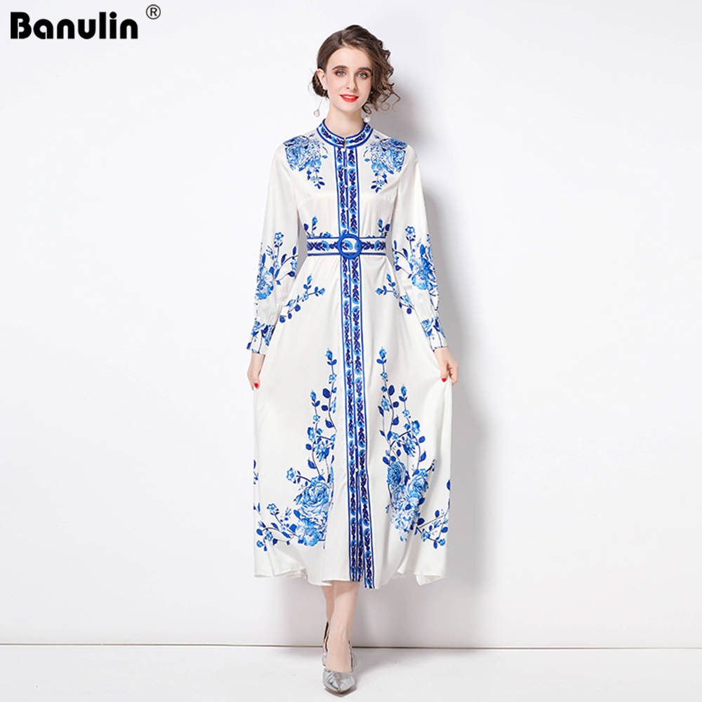 2022 Spring Autumn Bohemian Women Chic Flower Printed Maxi Dress Stand Collar Long Lantern Sleeve Split Belted Party Vestido alx