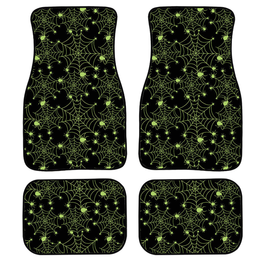 Black And Green Spider Web Pattern Print Front And Back Car Floor Mats, Front Car Mat