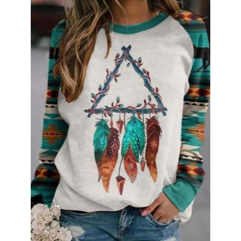 Autumn Winter Long Sleeve Tops 2021 Vintage Women Ethnic Raglan Patchwork Feather Print T Shirt Casual O-Neck Loose Female Tee alx