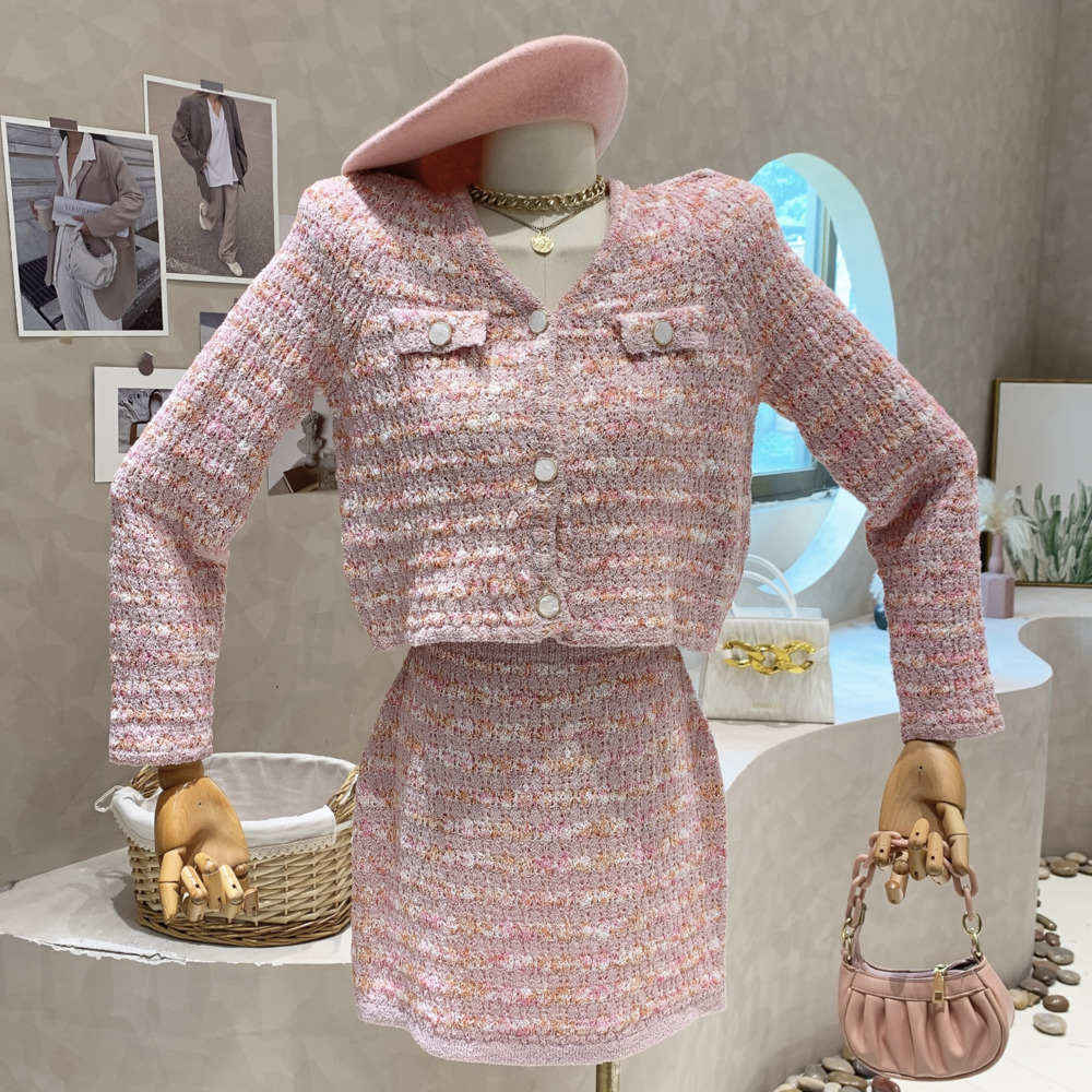 Women Suit V-neck Knitted Sweater Cardigan + Mini Skirt Two-piece Skirt Suit Ladies Knitting High Waist Slim Skirts Suits Female alx