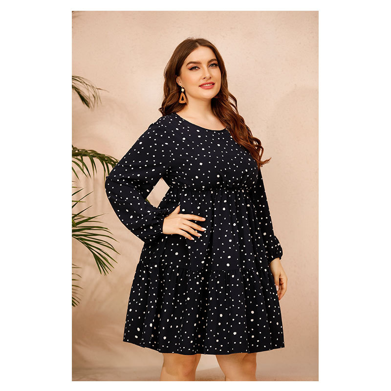 Spring and Autumn Fashion Floral Loose Plus Size Women’s Round Neck Long Sleeve Dark Button Dress Suitable for Leisure Home alx