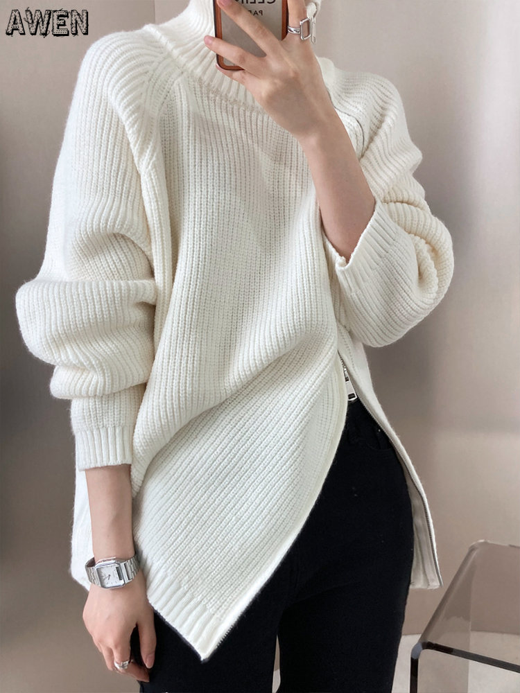 Women’s Turtleneck Zipper Design Oversized Knitted Sweater Gray White Black High Neck Autumn Winter Solid Loose Jumper alx