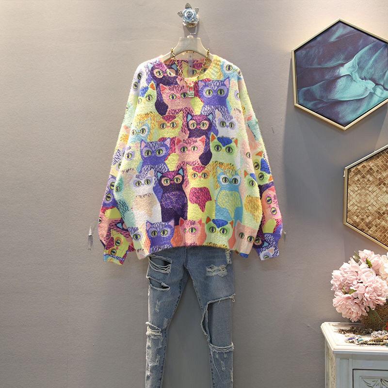 2021 Autumn New Korean Fashion Kawaii Cartoon Anime Cat Colorful Loose Long Sleeve Pullover Sweater Women Tops alx