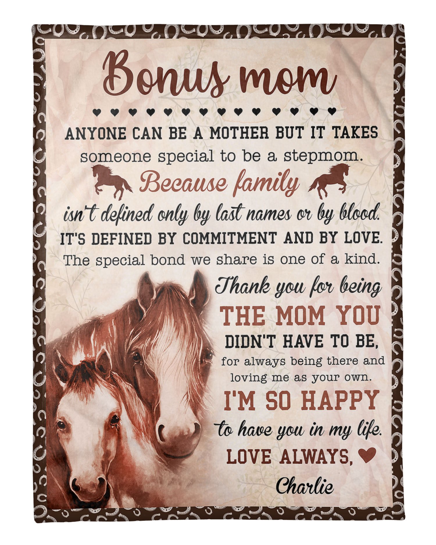 Custom Personalized Fleece blanket unique mother’s day gift, birthday gift for bonus mom, horse lovers ideas from daughter & son kids