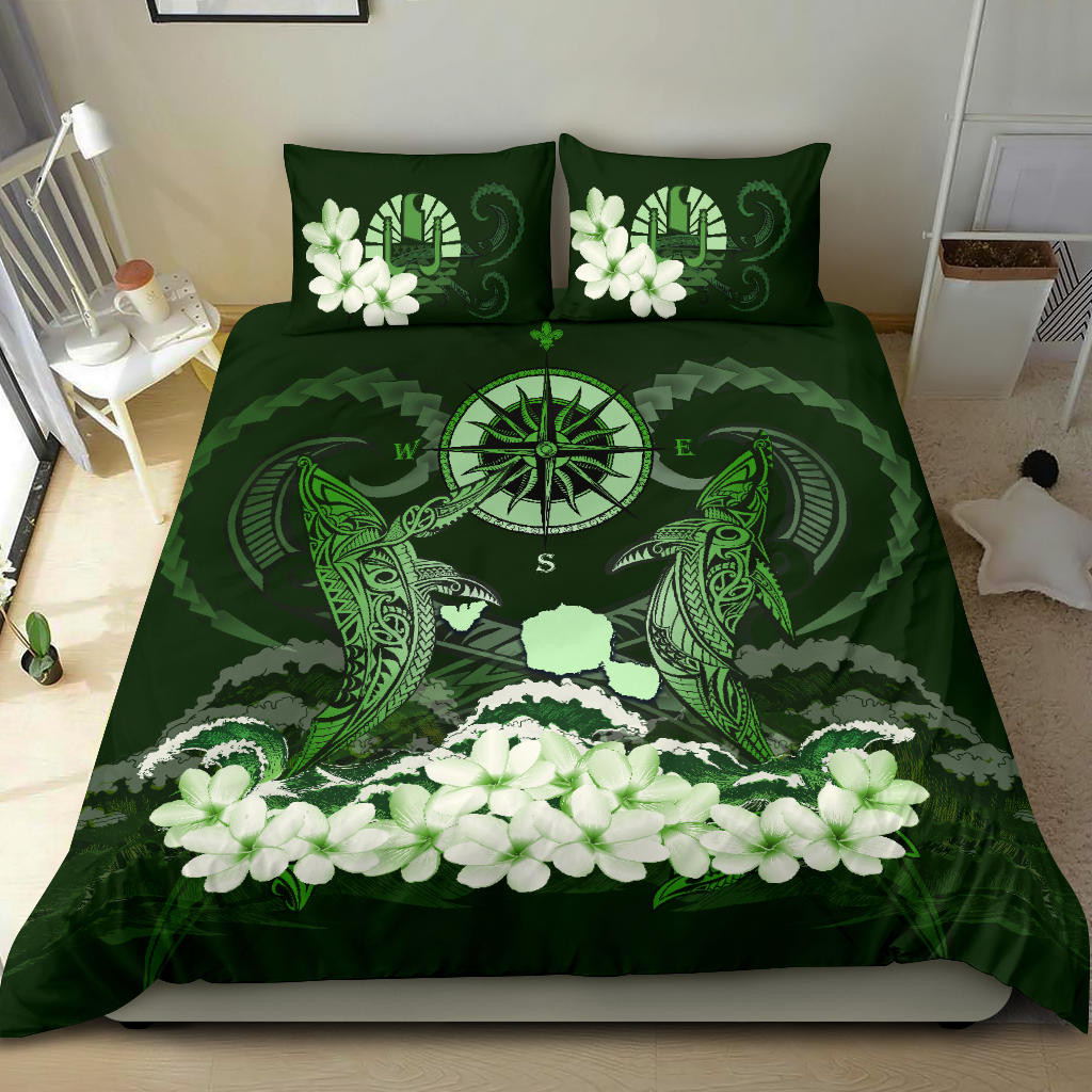 Alohawaii Bedding Set – Cover And Pillow Cases Tahiti – Shark Polynesia Compass Plumeria Green A24